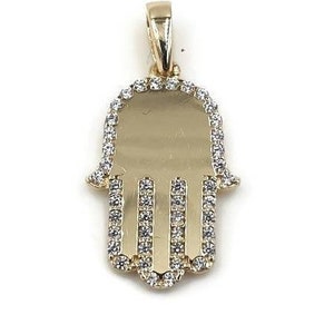 Hamsa Pendant 14K Solid Yellow Gold With Cubic Zirconia