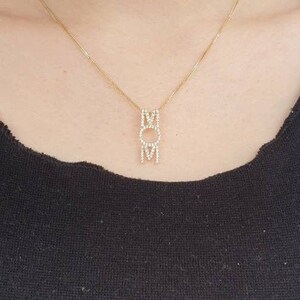 Vertical &quot;MOM&quot; Pendant 14K Solid Gold with Cubic Zirconia, Mother&#39;s Day Gift