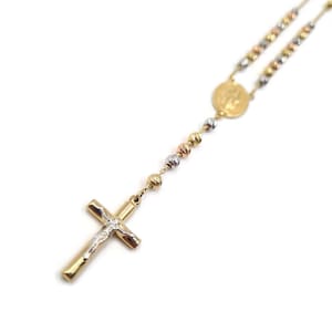 Gold Rosary Bead and Cross Necklace 14K 3 Colors Gold