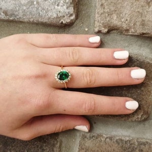 Princess Diana Green Emerald Engagement Ring 14K Yellow, May Birthstone Ring, Cubic Zirconia