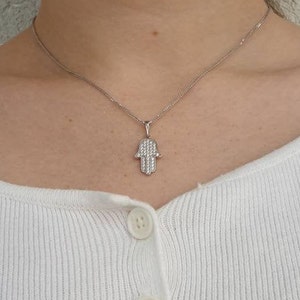 Hamsa Pendant 14K Solid White Gold With Cubic Zirconia