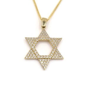 Star of David Pendant 14K Solid Yellow Gold with Cubic Zirconia
