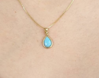 Blue Opal Teardrop Pendant 14K Solid Yellow Gold