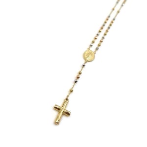 Gold Rosary Bead and Cross Necklace 14k 3 colors Gold