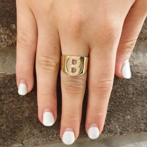 B Initial Letter Ring with Cubic Zirconia Etsy