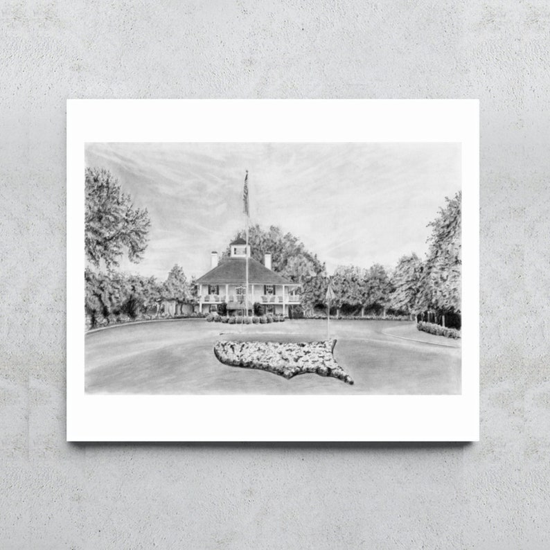 Black and white Master's wall art, an archival quality art print of Augusta National golf course, home to the Master's golf tournament.