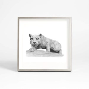 May include: A black and white pencil drawing of a lion statue in a silver frame.