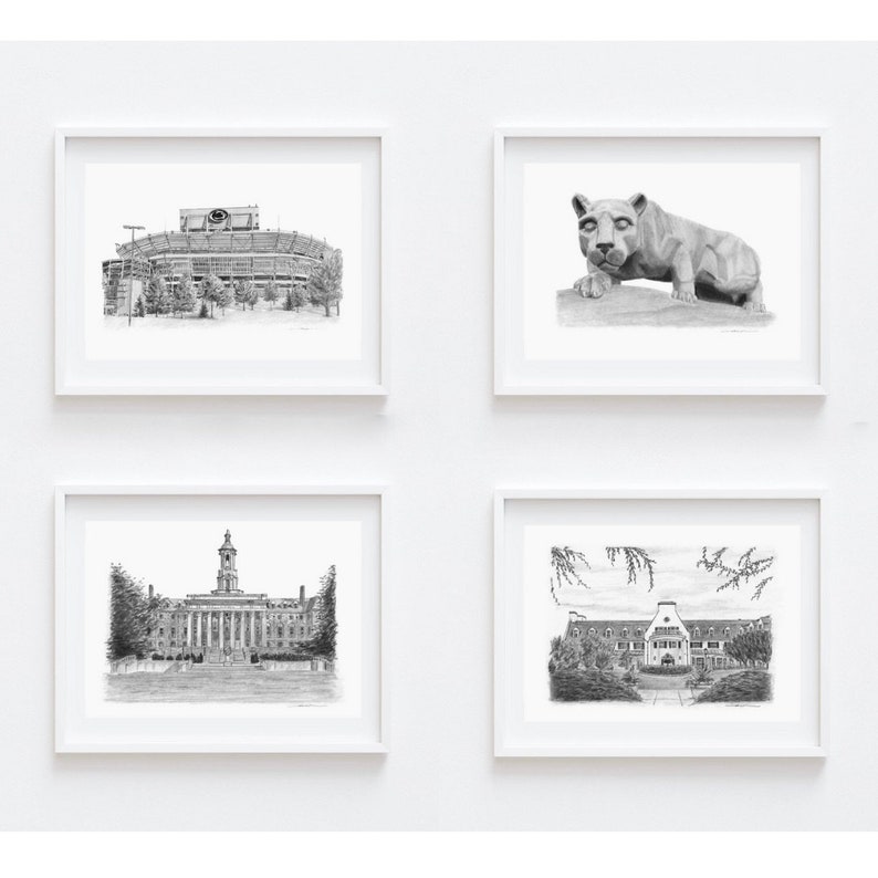 Penn State Wall Art, the Penn State fine art print collection. 

A set of archival quality reproductions of original black and white artworks of landmarks at Penn State.