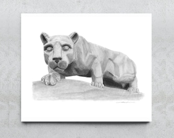 Penn State Lion Shrine Hand-Drawn Art Reproduction - Black and White Pencil Artwork - Hand-drawn College Wall Decor - Nittany Lions Fan Gift