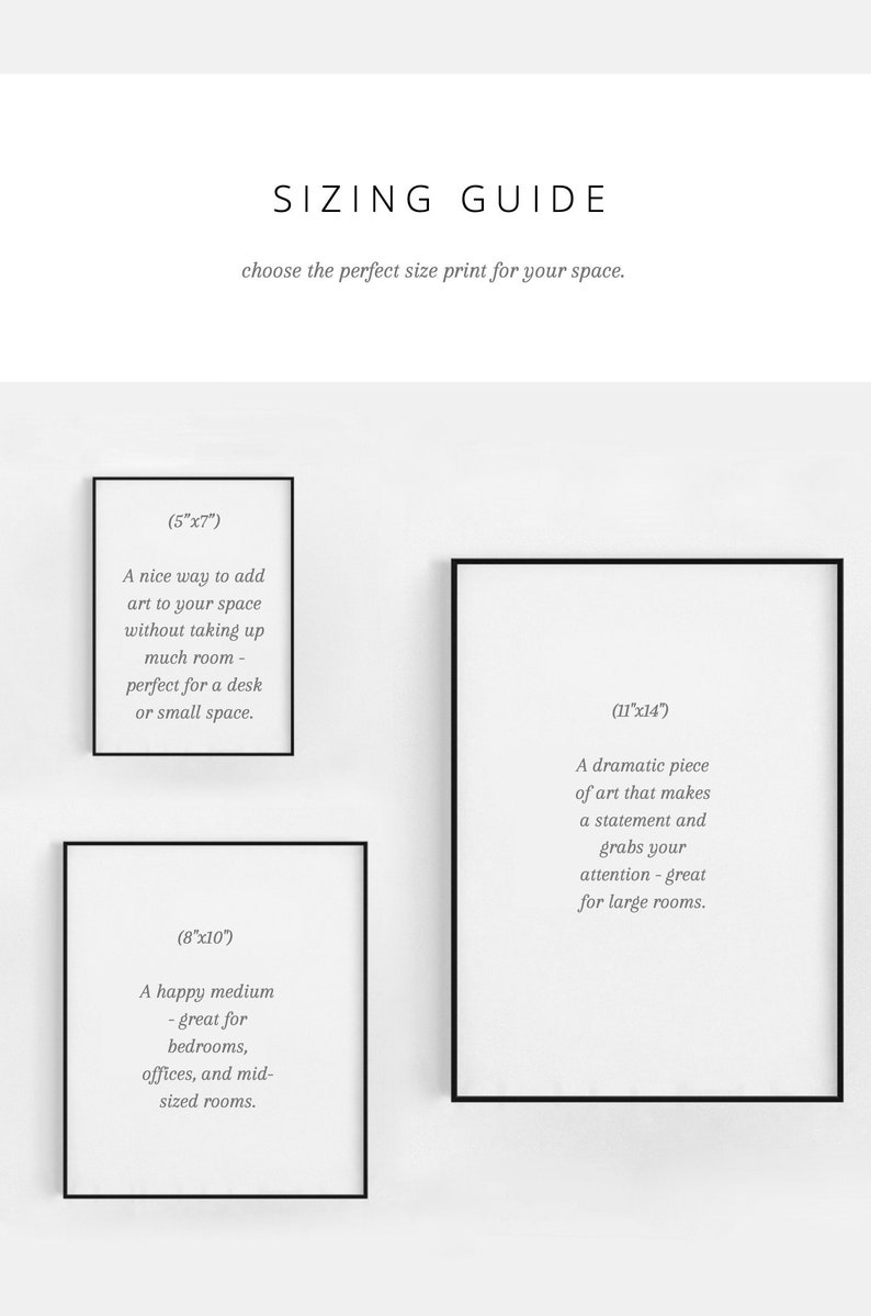 May include: Sizing guide for art prints with three different sizes: 5x7 inches, 8x10 inches, and 11x14 inches. Each size is described with its ideal use case, such as a desk or small space, bedrooms, offices, and mid-sized rooms, or large rooms.