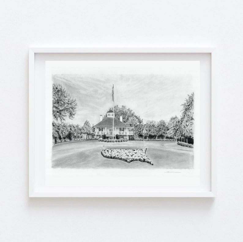 Black and white Master's wall art, an archival quality art print of Augusta National golf course, home to the Master's golf tournament.