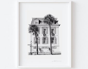 Charleston SC Historic Home Pencil Drawing Reproduction - Photo Realistic Black and White Art Print - Wall Decor Gift