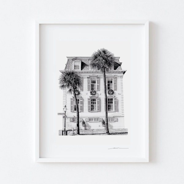 Charleston SC Historic Home Pencil Drawing Reproduction - Photo Realistic Black and White Art Print - Wall Decor Gift