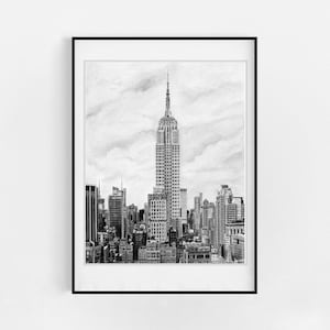 Empire State Building Pencil Drawing Reproduction | NYC Skyline Art | Black and White Photo Realistic Sketch | New York City Decor