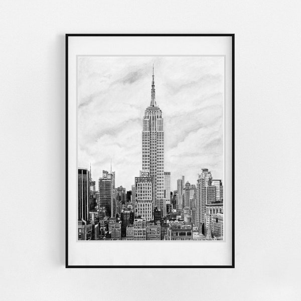 Empire State Building Pencil Drawing Reproduction | NYC Skyline Art | Black and White Photo Realistic Sketch | New York City Decor