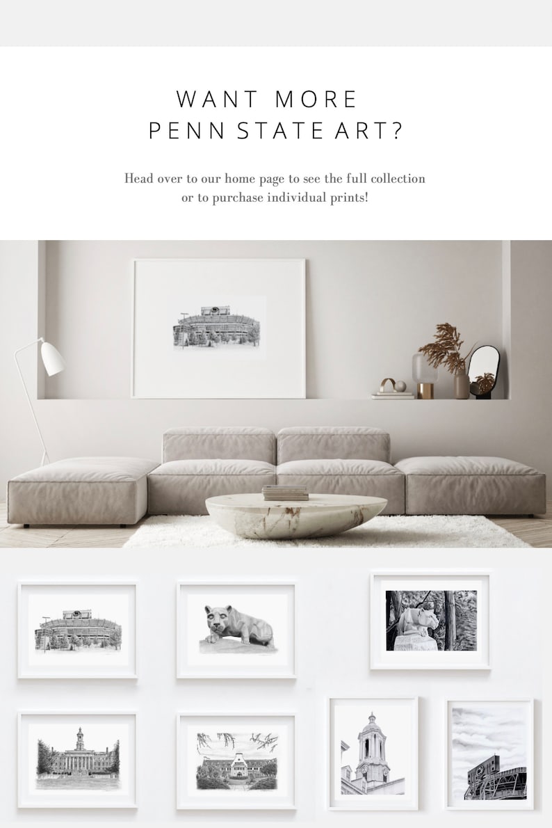 May include: A collection of black and white illustrations of Penn State landmarks and imagery, including Beaver Stadium, the Nittany Lion statue, Old Main, and the Bryce Jordan Center. The illustrations are framed and displayed on a white wall in a modern living room setting.