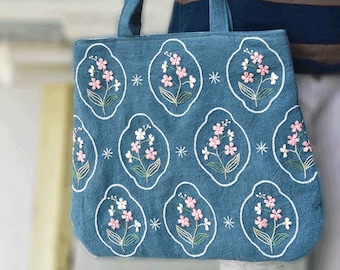 Summer flower bag embroidery kit, complete DIY embroidery kit, tote bag