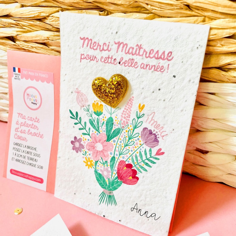 Carte à planter et pin's coeur en résine, cadeau personnalisé nounou, assmat, astem, maîtresse Doré paillettes