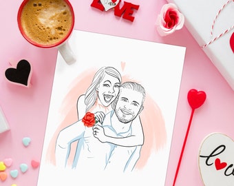 Illustration Couple cadeau Noël, portrait personnalisé sur mesure d'après votre photo souvenir