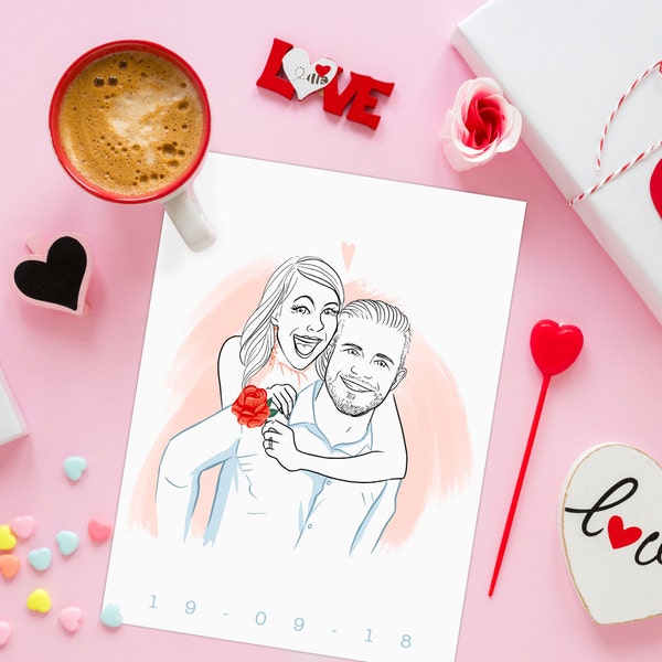 Illustration Couple cadeau Noël, portrait personnalisé sur mesure d'après votre photo souvenir