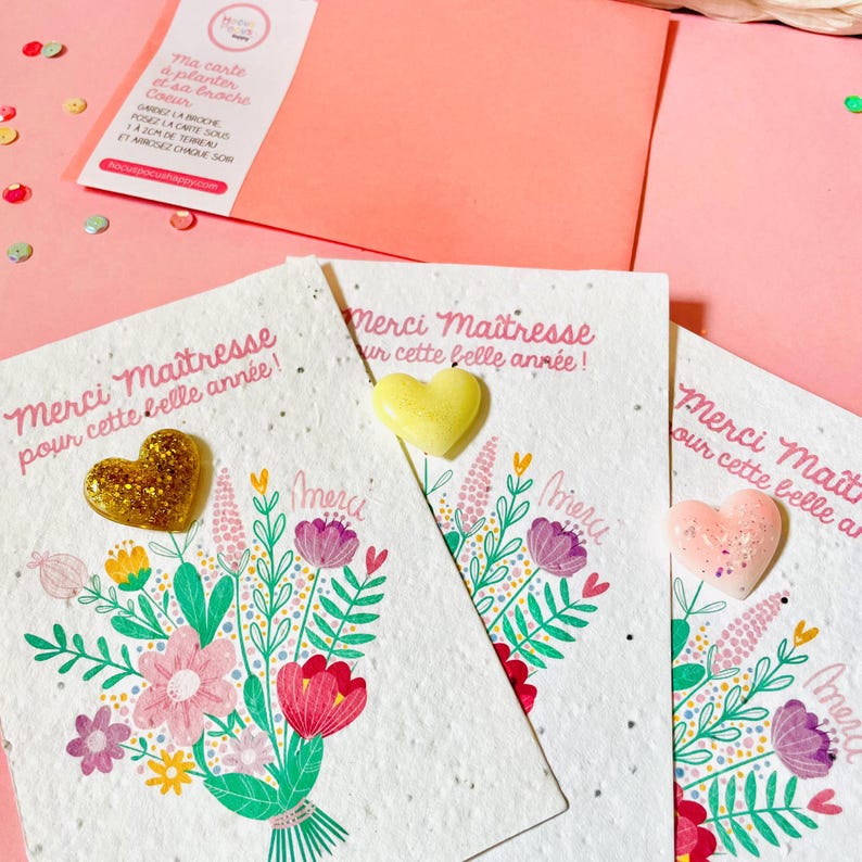 Carte à planter et pin's coeur en résine, cadeau personnalisé nounou, assmat, astem, maîtresse image 3