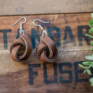 Leather Knot Earrings | brown | grey | Repurposed Scrap Leather Earrings |  Handmade | Gifts for Mom | Modern | Lightweight | Gift