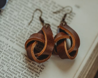 Rich Brown Leather Knot Earrings | Repurposed Scrap Leather Earrings |  Handmade | Scrap Leather Jewelry | Knotted leather | Smooth | Patina