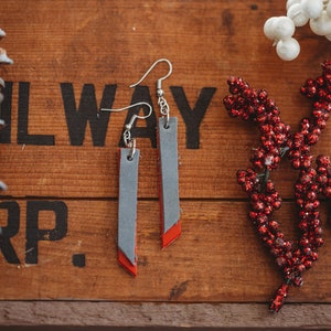 Red and Grey Drop Earrings | Bar Drop | Leather Earrings | Leather Bar | Jewelry | Crimson and Grey | Angled | Lightweight | Gift | Modern