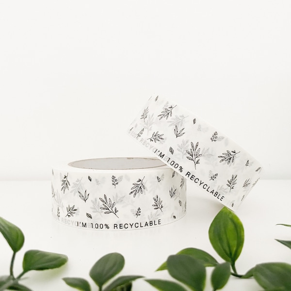 37.5mm x 50m Eco-Friendly White Paper Tape with a black leaf and 'I'm 100% Recyclable' design, Self Adhesive