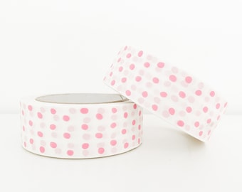 37.5mm x 50m Eco-Friendly Self Adhesive White Paper Tape, Pink Polka Dots, Recyclable