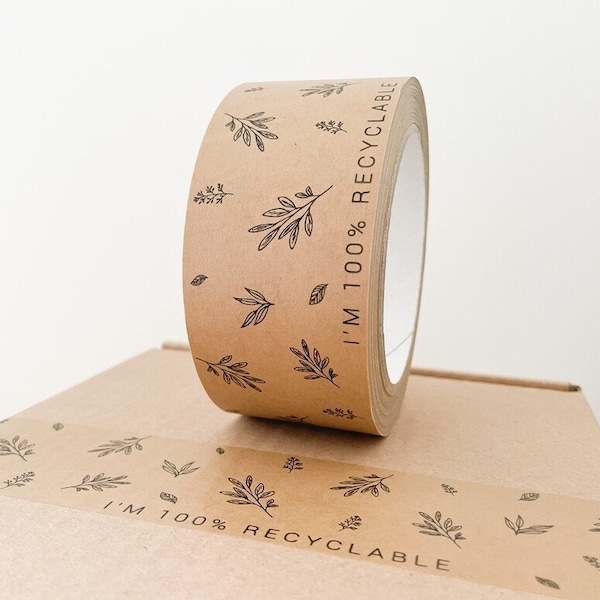 WONKY 50mm x 50m Eco-Friendly Brown Paper Tape with a black leaf and 'I'm 100% Recyclable' design, Self Adhesive *With Minor Imperfections