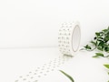 37.5mm x 50m Eco-Friendly Self Adhesive White Paper Tape, Green Polka Dots, Recyclable product logo