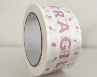 50mm x 50m Eco-Friendly White Paper Tape with a Plum Fragile Design, Recyclable, Self Adhesive