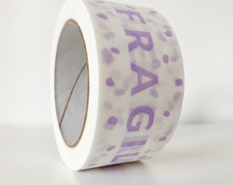 50mm x 50m Eco-Friendly White Paper Tape with a Lavender Fragile Design, Recyclable, Self Adhesive