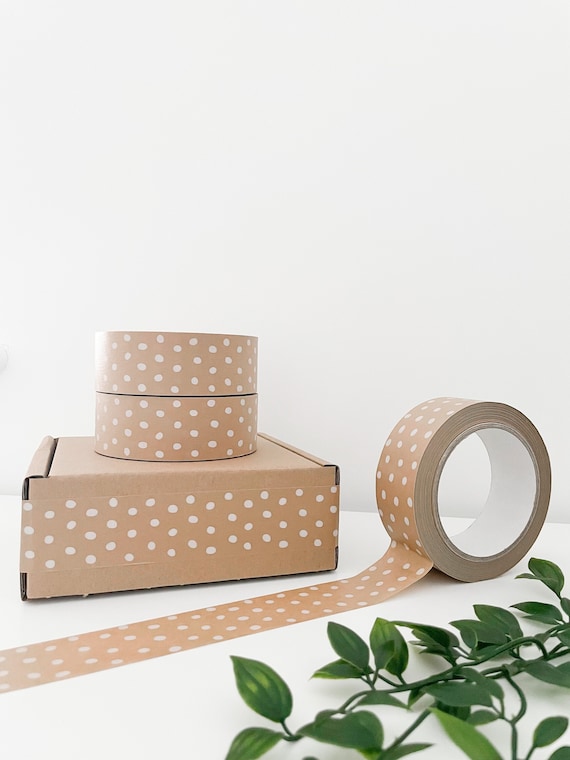 37.5mm x 50m Eco-Friendly Self Adhesive Brown Paper Tape with White Polka Dots, Recyclable