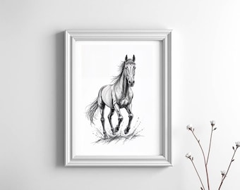 Dibujo de caballo imprimible / Impresión de animal vintage / Arte de caballo / Decoración de salón Descarga digital / Impresión de caballo para arte de pared / Boceto en blanco y negro