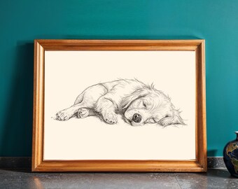 Impresión de un golden retriever durmiendo: decoración rústica de granja para amantes de los perros - Arte de pared imprimible