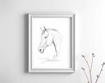 Dibujo de caballo imprimible / Impresión de animal vintage / Arte de caballo / Decoración de salón Descarga digital / Impresión de caballo para arte de pared / Boceto en blanco y negro