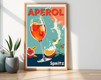 Impresión de Aperol Spritz / Impresión de cóctel vintage Aperol / Descarga digital de decoración de cocina / Arte mural divertido para mixólogos