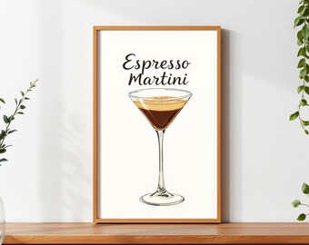 Impresión de martini espresso / Impresión de martini de cóctel vintage / Descarga digital de decoración de cocina / Arte mural divertido para mixólogos
