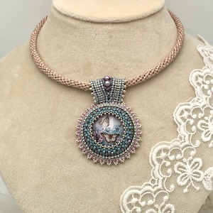 Beige/Blue Beaded Necklace Pendant (Vintage Butterflies), Bead Embroidery Pendant, Japanese Beads, Kumihimo Rope