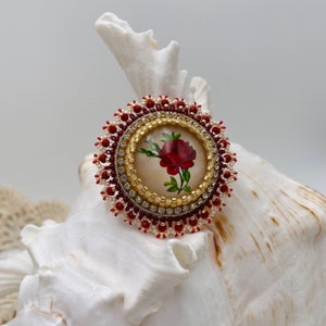 Beaded Brooch with Glass Cabochon (Rose in Gold), Bead Embroidery Pin, Japanese & Czech Beads