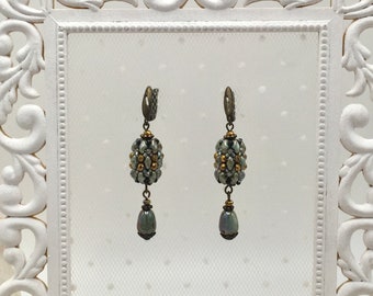 Vintage Turqouise Green/Bronze Beaded Drop Earrings, Japanese Beads