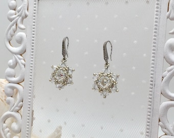 Vintage White/Translucent Beaded Earrings (Snowflakes), Genuine Swarovski Crystals, Japanese Beads