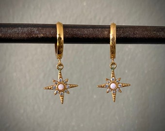 Star burst earrings , opal star  earrings , dangle star earrings, celestial hoop earrings , gold hoop earrings