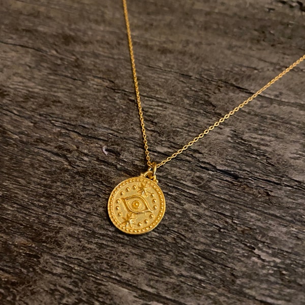 Protective coin necklace, protective eye pendant , talisman necklace, good luck necklace, gold coin necklace, gift for luck