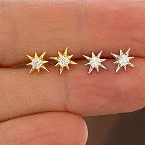 Starburst gold stud earrings, star silver CZ earrings, dainty CZ stud earrings, celestial jewellery, dainty and delicate earrings image 5