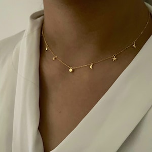 Charm celestial CZ necklace, tiny charm necklace, dainty gold necklace, silver CZ necklace, gift , UK, stars and moon necklace