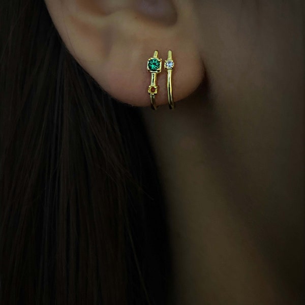 Elegant dainty CZ emerald double earrings, Double Hoop stud, CZ dainty earrings, gold studs, emerald stud earrings, 2-1 earrings