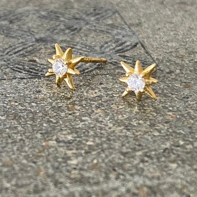 Starburst gold stud earrings, star silver CZ earrings, dainty CZ stud earrings, celestial jewellery, dainty and delicate earrings image 4